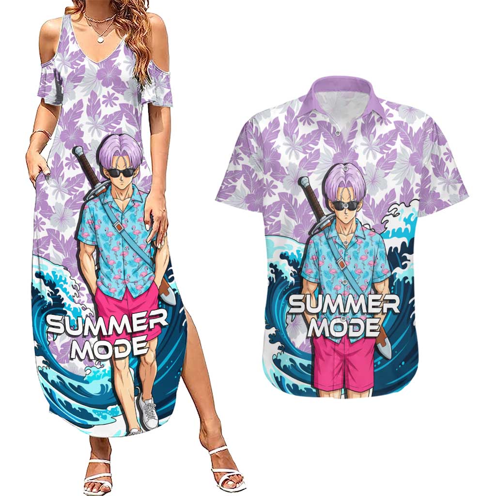 Trunks Dragon Ball Summer Theme Couples Matching Summer Maxi Dress and Hawaiian Shirt with Sword Floral Shirt Sunglasses Shenron and Ocean Wave Background - The Mazicc