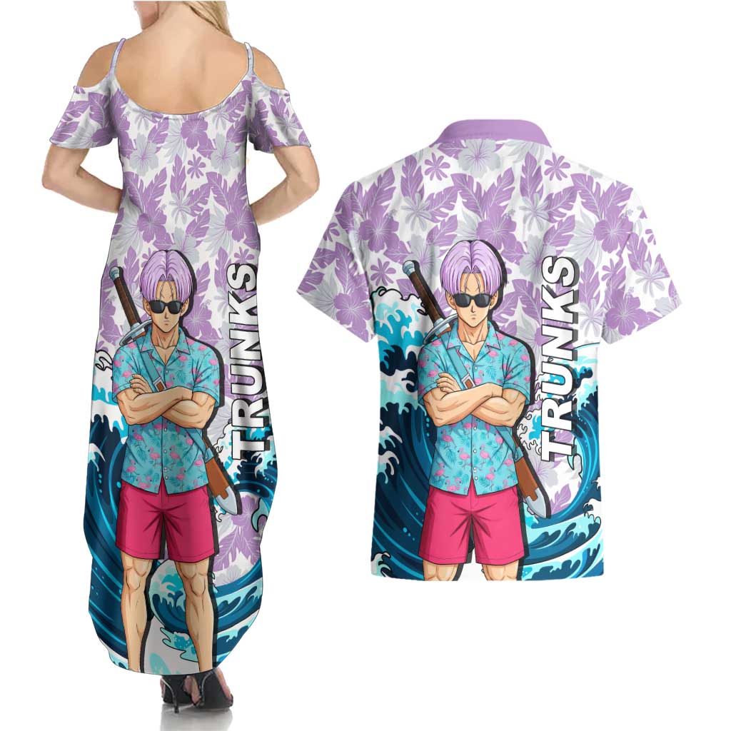 Trunks Dragon Ball Summer Theme Couples Matching Summer Maxi Dress and Hawaiian Shirt with Sword Floral Shirt Sunglasses Shenron and Ocean Wave Background - The Mazicc