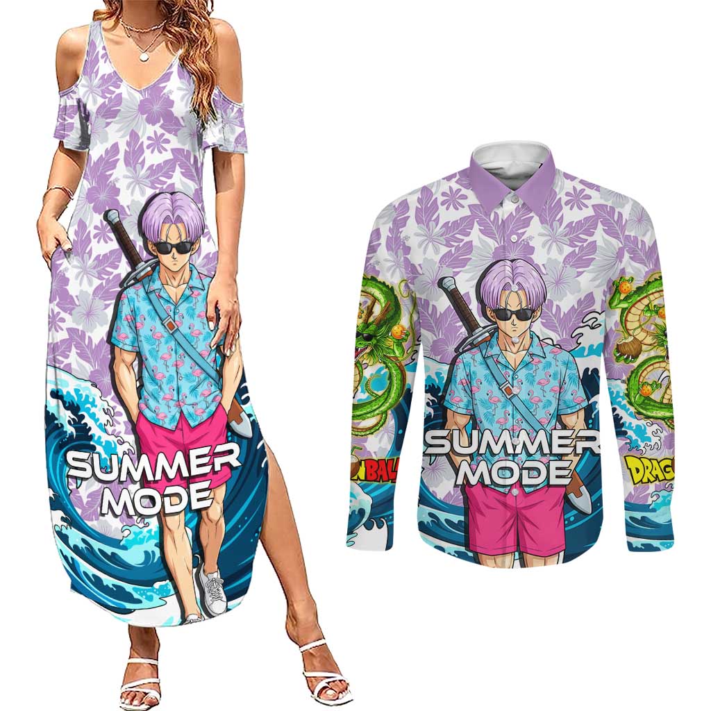 Trunks Dragon Ball Summer Theme Couples Matching Summer Maxi Dress and Long Sleeve Button Shirt with Sword Floral Shirt Sunglasses Shenron and Ocean Wave Background - The Mazicc