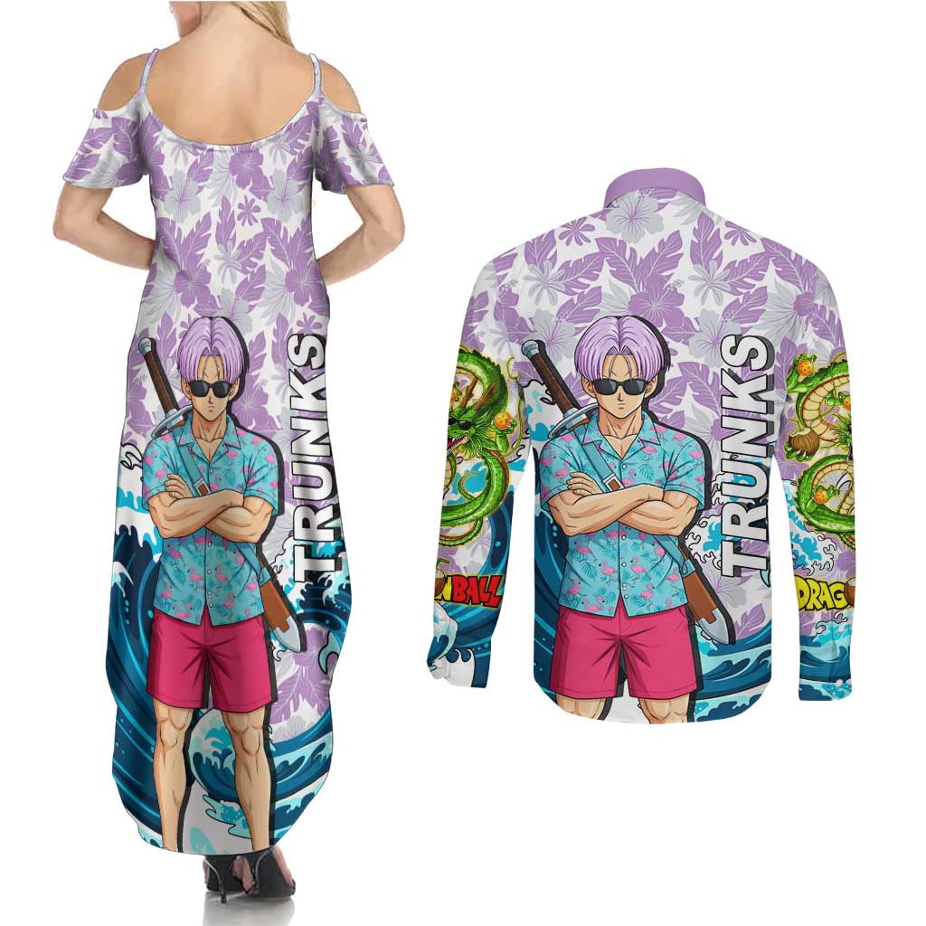 Trunks Dragon Ball Summer Theme Couples Matching Summer Maxi Dress and Long Sleeve Button Shirt with Sword Floral Shirt Sunglasses Shenron and Ocean Wave Background - The Mazicc