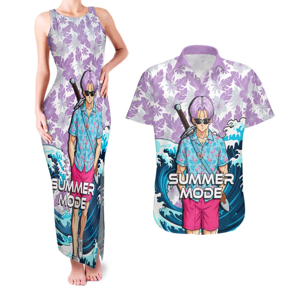 Trunks Dragon Ball Summer Theme Couples Matching Tank Maxi Dress and Hawaiian Shirt with Sword Floral Shirt Sunglasses Shenron and Ocean Wave Background - The Mazicc