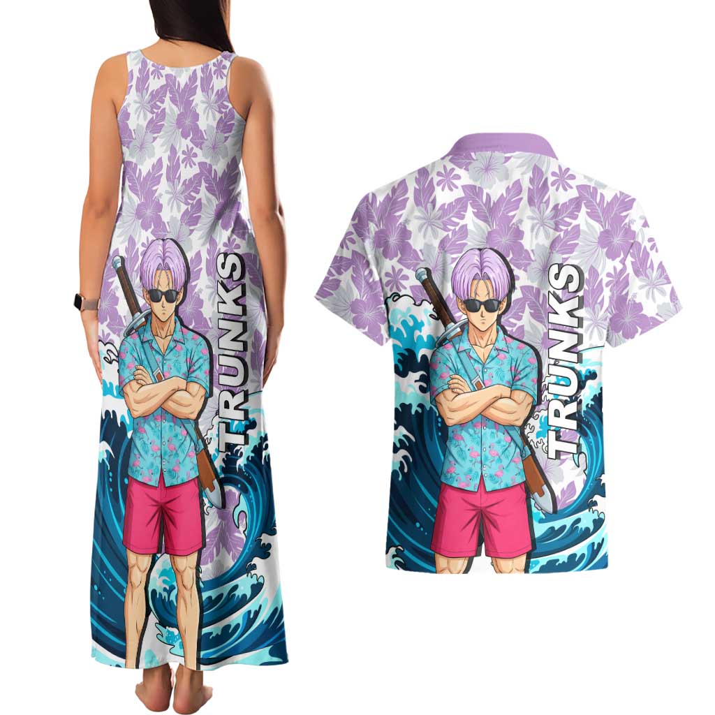 Trunks Dragon Ball Summer Theme Couples Matching Tank Maxi Dress and Hawaiian Shirt with Sword Floral Shirt Sunglasses Shenron and Ocean Wave Background - The Mazicc