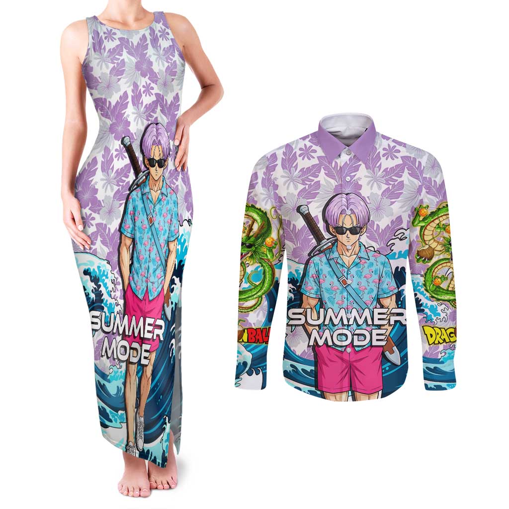 Trunks Dragon Ball Summer Theme Couples Matching Tank Maxi Dress and Long Sleeve Button Shirt with Sword Floral Shirt Sunglasses Shenron and Ocean Wave Background - The Mazicc