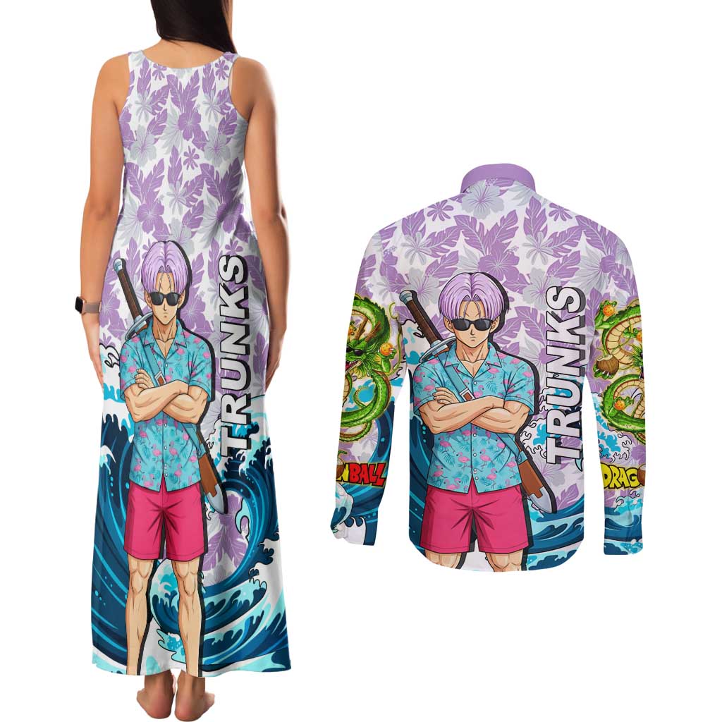Trunks Dragon Ball Summer Theme Couples Matching Tank Maxi Dress and Long Sleeve Button Shirt with Sword Floral Shirt Sunglasses Shenron and Ocean Wave Background - The Mazicc
