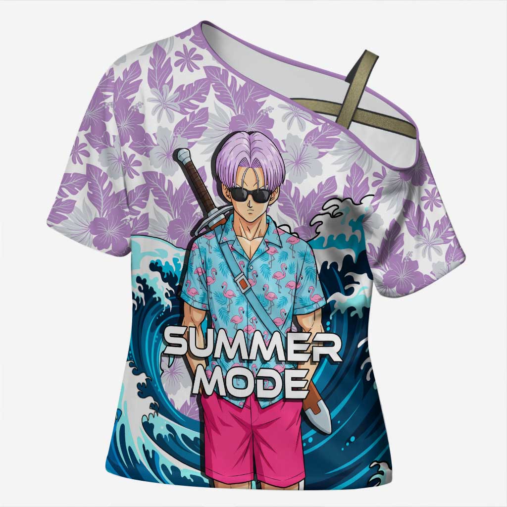 Trunks Dragon Ball Summer Theme Cross Shoulder Shirt with Sword Floral Shirt Sunglasses Shenron and Ocean Wave Background - The Mazicc