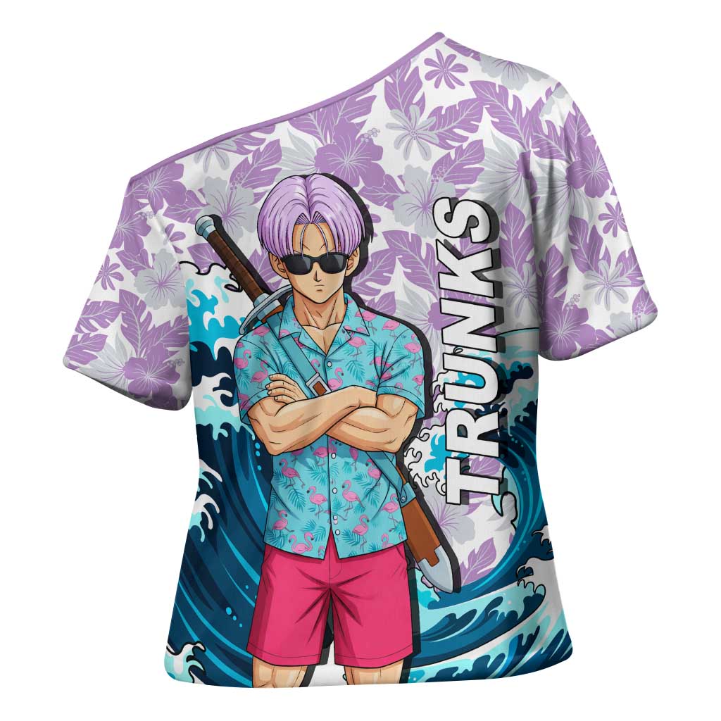 Trunks Dragon Ball Summer Theme Cross Shoulder Shirt with Sword Floral Shirt Sunglasses Shenron and Ocean Wave Background - The Mazicc