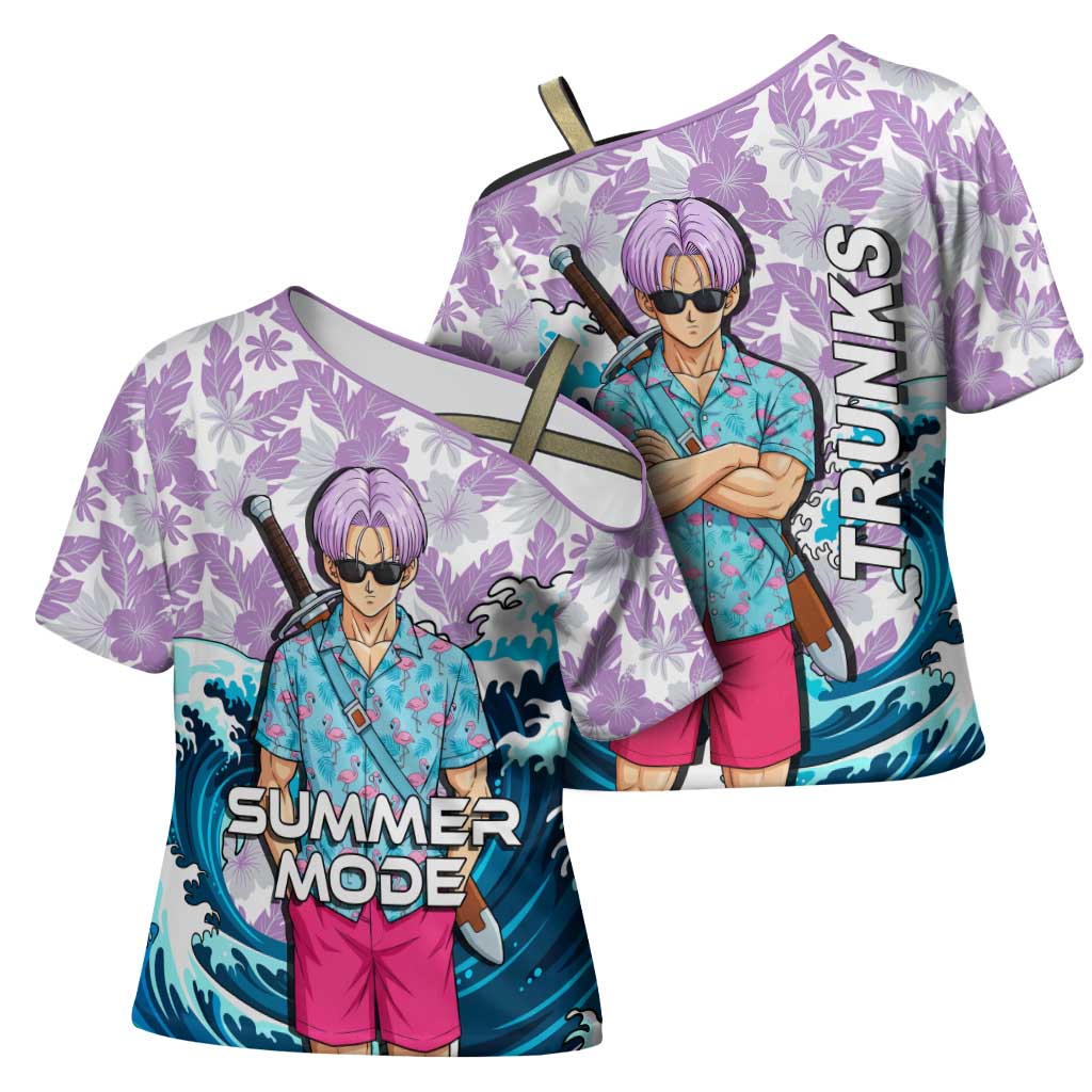 Trunks Dragon Ball Summer Theme Cross Shoulder Shirt with Sword Floral Shirt Sunglasses Shenron and Ocean Wave Background - The Mazicc