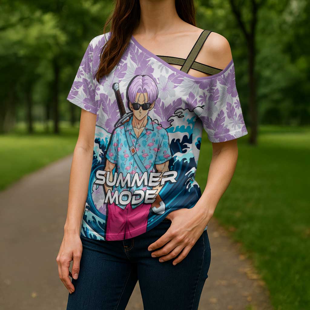 Trunks Dragon Ball Summer Theme Cross Shoulder Shirt with Sword Floral Shirt Sunglasses Shenron and Ocean Wave Background - The Mazicc