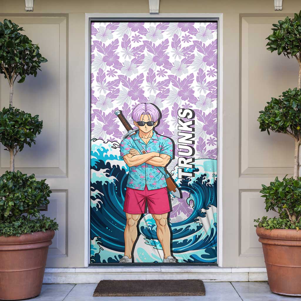 Trunks Dragon Ball Summer Theme Door Cover with Sword Floral Shirt Sunglasses Shenron and Ocean Wave Background - The Mazicc