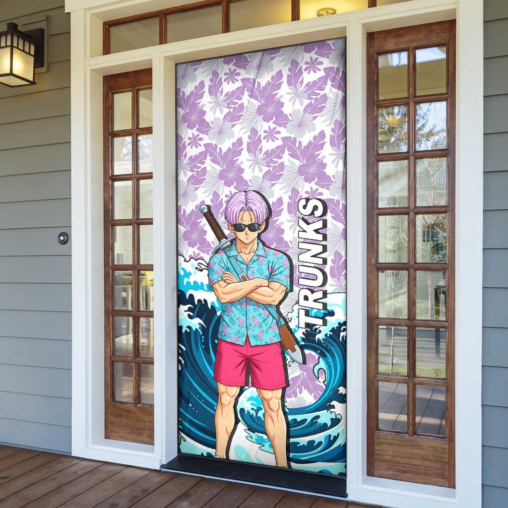 Trunks Dragon Ball Summer Theme Door Cover with Sword Floral Shirt Sunglasses Shenron and Ocean Wave Background - The Mazicc