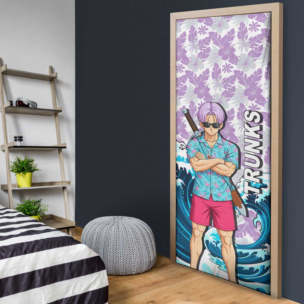 Trunks Dragon Ball Summer Theme Door Cover with Sword Floral Shirt Sunglasses Shenron and Ocean Wave Background - The Mazicc