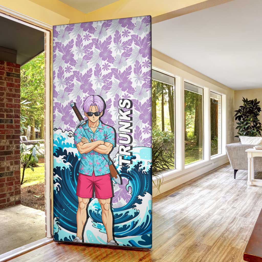 Trunks Dragon Ball Summer Theme Door Cover with Sword Floral Shirt Sunglasses Shenron and Ocean Wave Background - The Mazicc