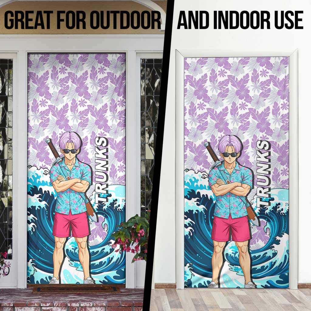 Trunks Dragon Ball Summer Theme Door Cover with Sword Floral Shirt Sunglasses Shenron and Ocean Wave Background - The Mazicc