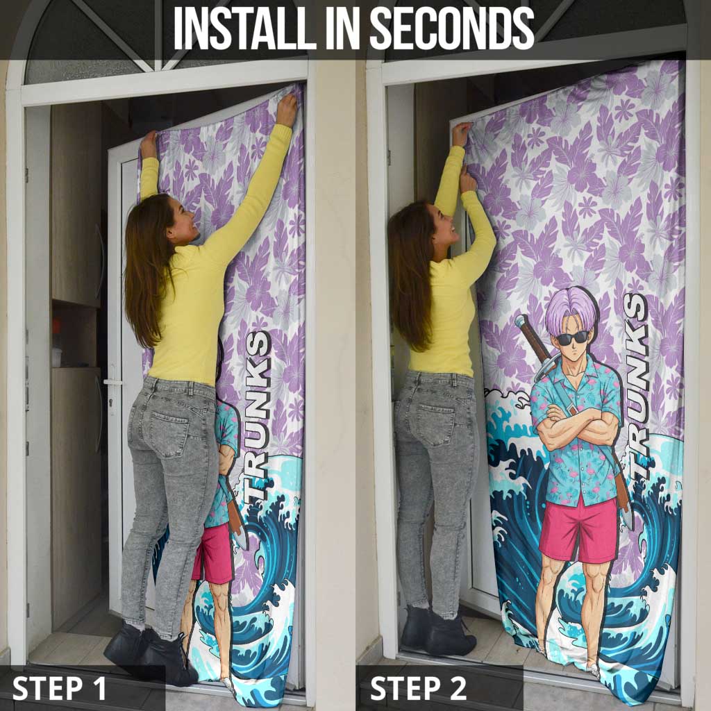 Trunks Dragon Ball Summer Theme Door Cover with Sword Floral Shirt Sunglasses Shenron and Ocean Wave Background - The Mazicc
