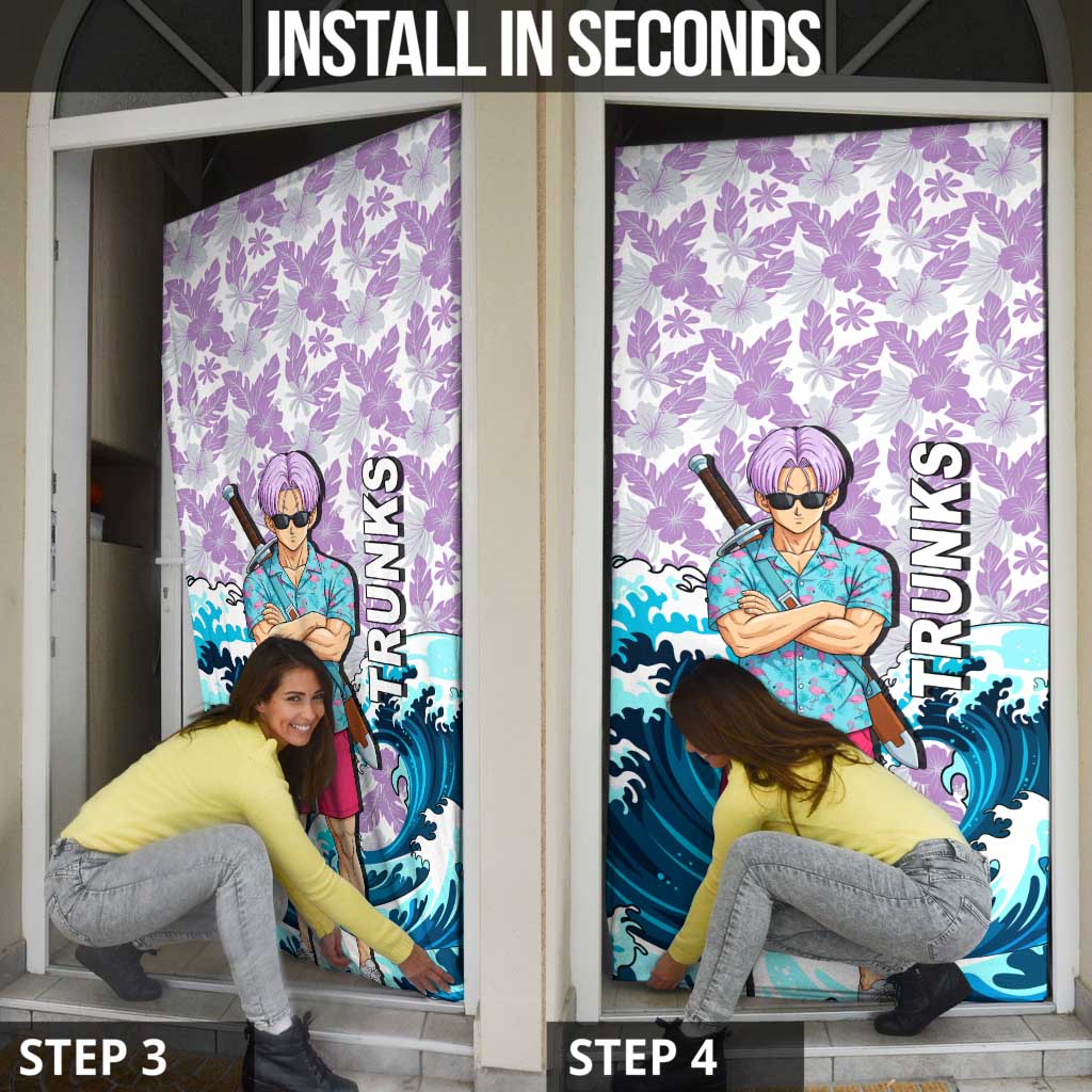 Trunks Dragon Ball Summer Theme Door Cover with Sword Floral Shirt Sunglasses Shenron and Ocean Wave Background - The Mazicc