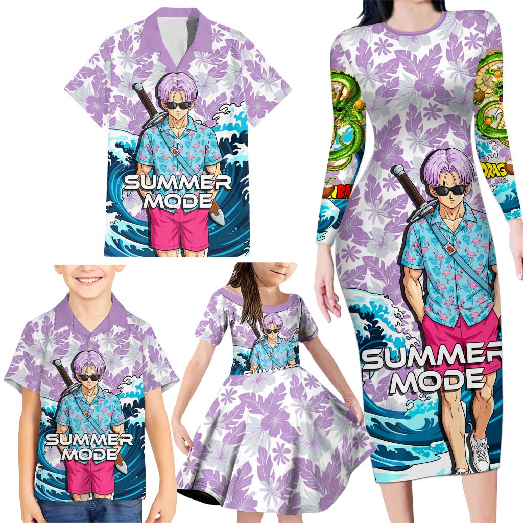 Trunks Dragon Ball Summer Theme Family Matching Long Sleeve Bodycon Dress and Hawaiian Shirt with Sword Floral Shirt Sunglasses Shenron and Ocean Wave Background