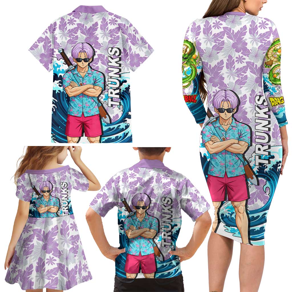 Trunks Dragon Ball Summer Theme Family Matching Long Sleeve Bodycon Dress and Hawaiian Shirt with Sword Floral Shirt Sunglasses Shenron and Ocean Wave Background