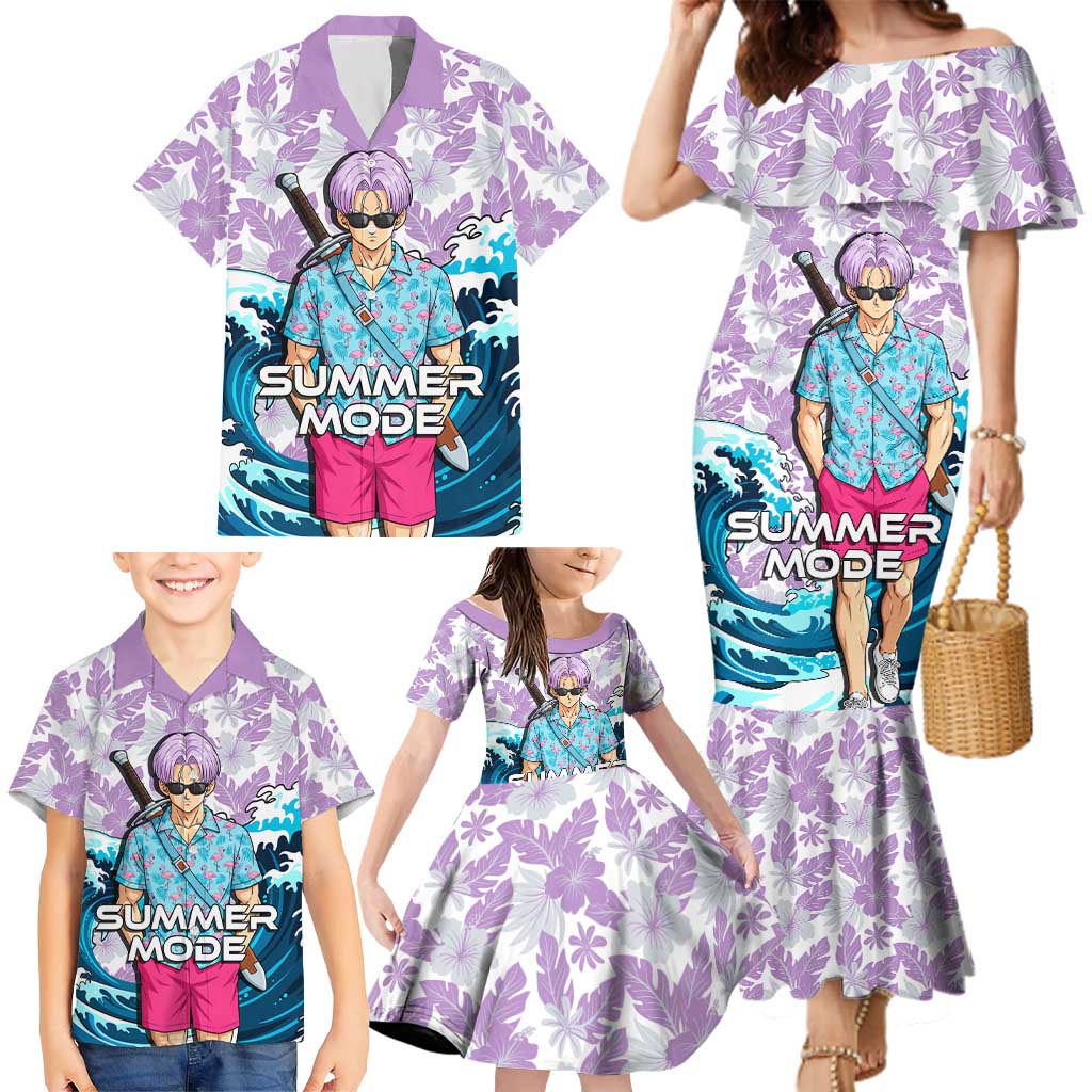 Trunks Dragon Ball Summer Theme Family Matching Mermaid Dress and Hawaiian Shirt with Sword Floral Shirt Sunglasses Shenron and Ocean Wave Background