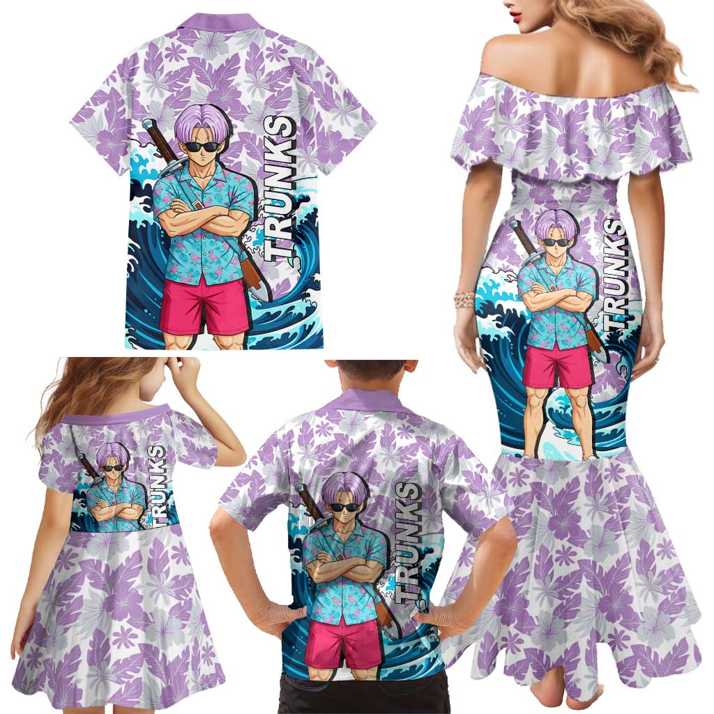 Trunks Dragon Ball Summer Theme Family Matching Mermaid Dress and Hawaiian Shirt with Sword Floral Shirt Sunglasses Shenron and Ocean Wave Background