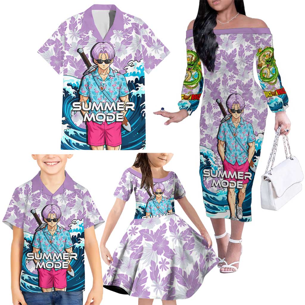 Trunks Dragon Ball Summer Theme Family Matching Off The Shoulder Long Sleeve Dress and Hawaiian Shirt with Sword Floral Shirt Sunglasses Shenron and Ocean Wave Background