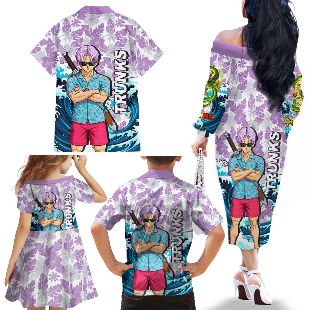 Trunks Dragon Ball Summer Theme Family Matching Off The Shoulder Long Sleeve Dress and Hawaiian Shirt with Sword Floral Shirt Sunglasses Shenron and Ocean Wave Background