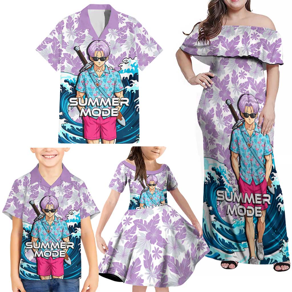 Trunks Dragon Ball Summer Theme Family Matching Off Shoulder Maxi Dress and Hawaiian Shirt with Sword Floral Shirt Sunglasses Shenron and Ocean Wave Background