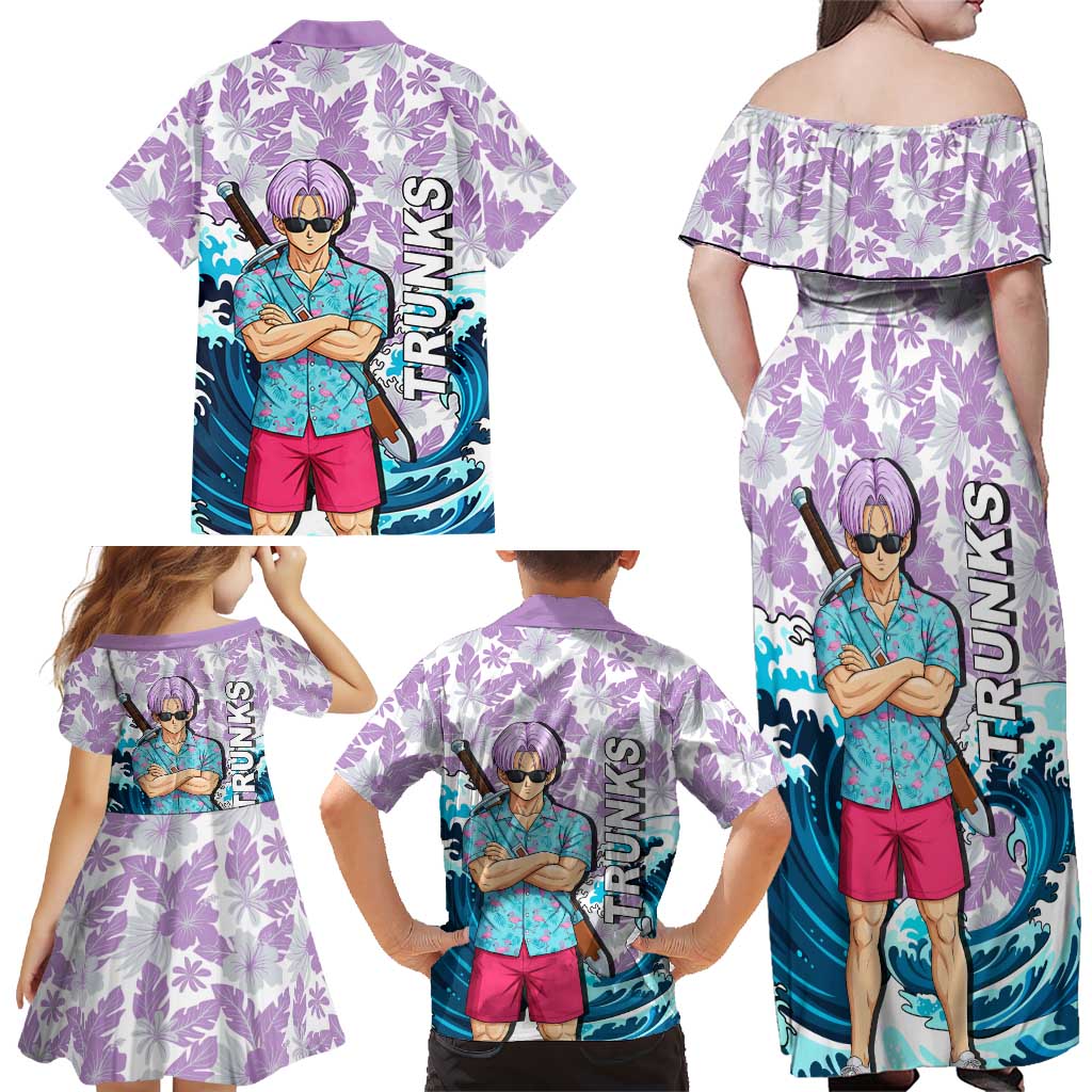 Trunks Dragon Ball Summer Theme Family Matching Off Shoulder Maxi Dress and Hawaiian Shirt with Sword Floral Shirt Sunglasses Shenron and Ocean Wave Background