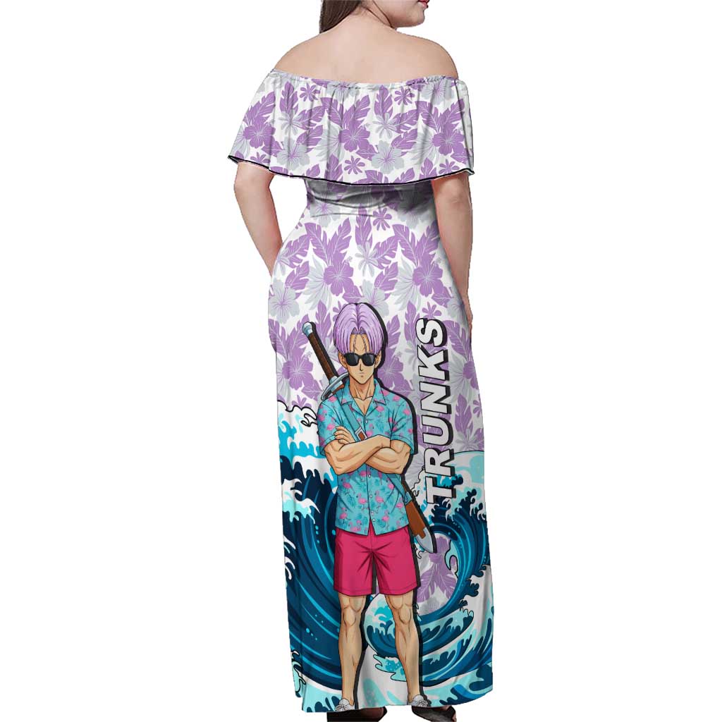 Trunks Dragon Ball Summer Theme Family Matching Off Shoulder Maxi Dress and Hawaiian Shirt with Sword Floral Shirt Sunglasses Shenron and Ocean Wave Background