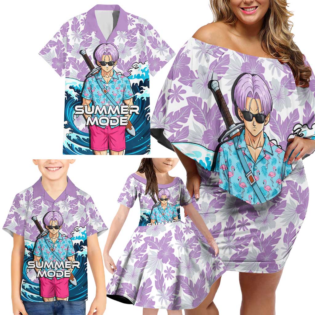 Trunks Dragon Ball Summer Theme Family Matching Off Shoulder Short Dress and Hawaiian Shirt with Sword Floral Shirt Sunglasses Shenron and Ocean Wave Background