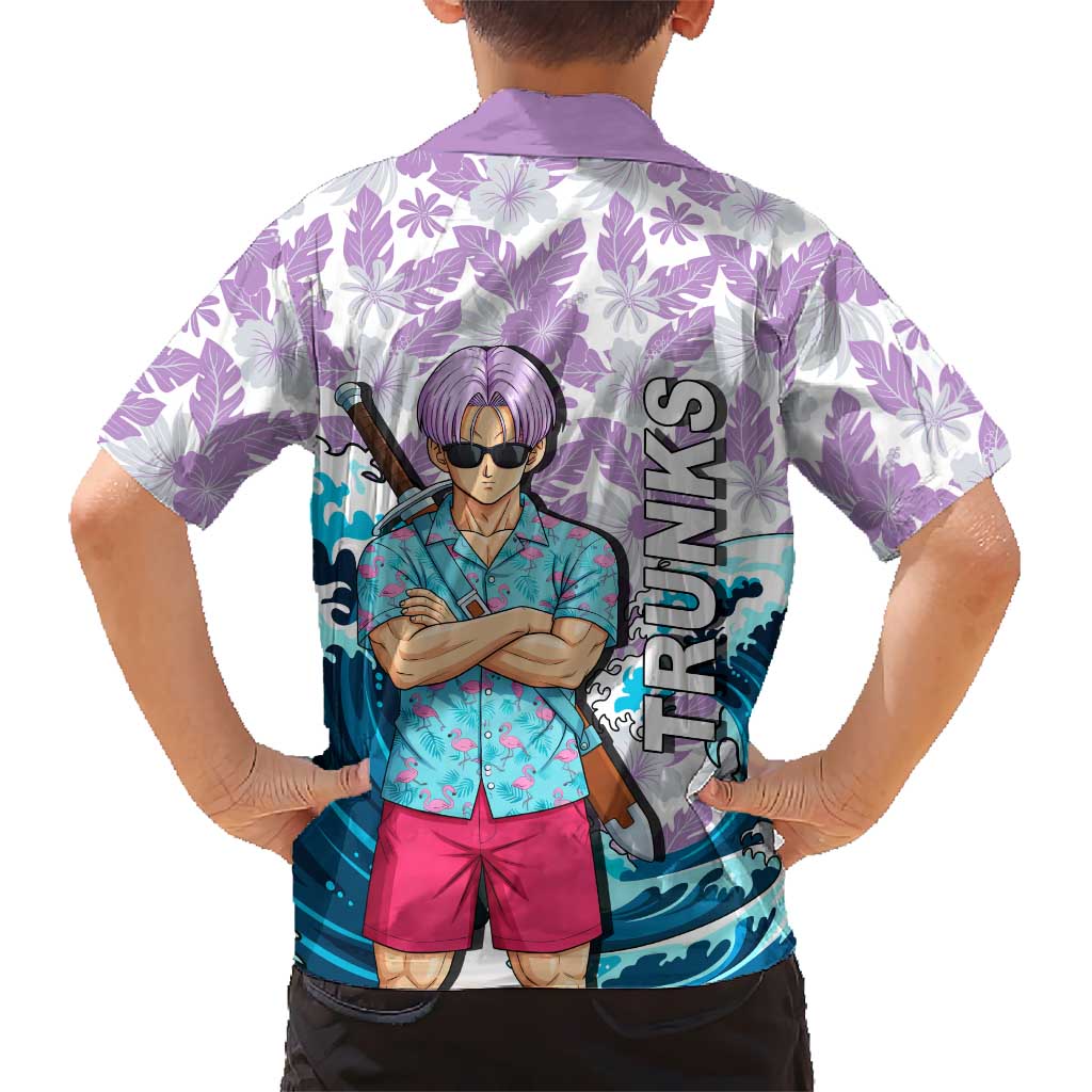 Trunks Dragon Ball Summer Theme Family Matching Off Shoulder Short Dress and Hawaiian Shirt with Sword Floral Shirt Sunglasses Shenron and Ocean Wave Background