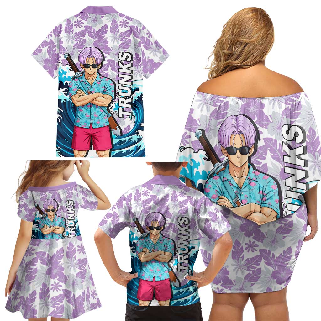 Trunks Dragon Ball Summer Theme Family Matching Off Shoulder Short Dress and Hawaiian Shirt with Sword Floral Shirt Sunglasses Shenron and Ocean Wave Background