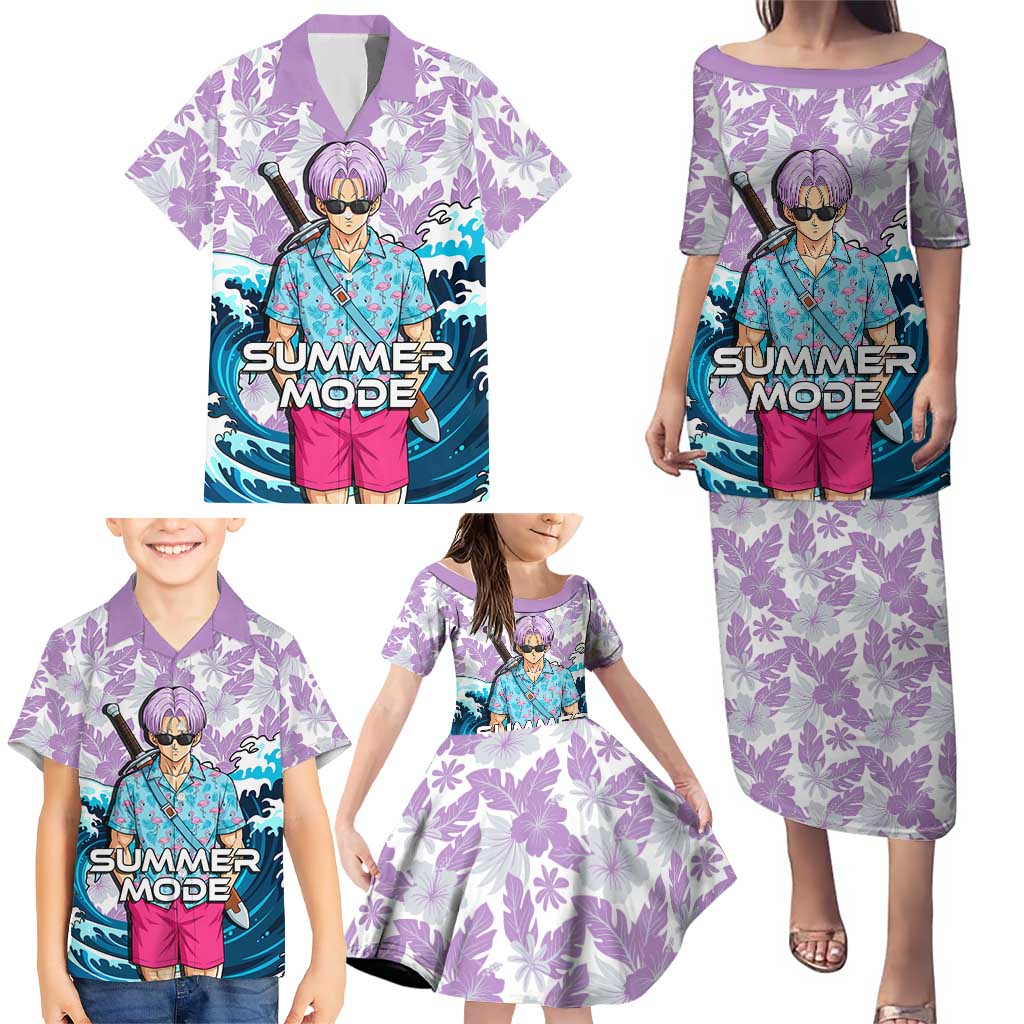 Trunks Dragon Ball Summer Theme Family Matching Puletasi and Hawaiian Shirt with Sword Floral Shirt Sunglasses Shenron and Ocean Wave Background