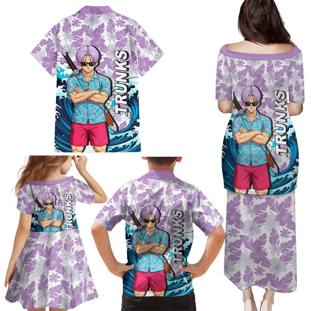 Trunks Dragon Ball Summer Theme Family Matching Puletasi and Hawaiian Shirt with Sword Floral Shirt Sunglasses Shenron and Ocean Wave Background