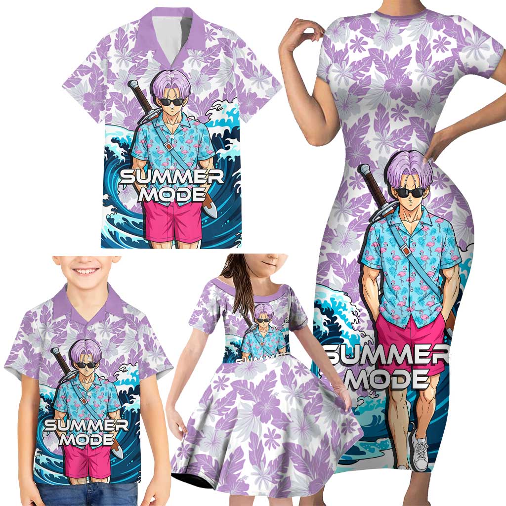 Trunks Dragon Ball Summer Theme Family Matching Short Sleeve Bodycon Dress and Hawaiian Shirt with Sword Floral Shirt Sunglasses Shenron and Ocean Wave Background