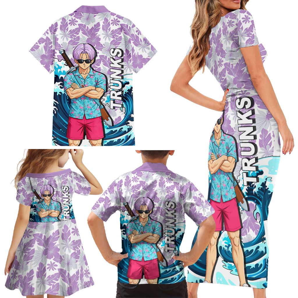 Trunks Dragon Ball Summer Theme Family Matching Short Sleeve Bodycon Dress and Hawaiian Shirt with Sword Floral Shirt Sunglasses Shenron and Ocean Wave Background