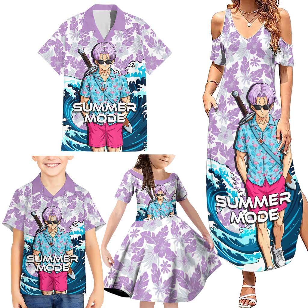 Trunks Dragon Ball Summer Theme Family Matching Summer Maxi Dress and Hawaiian Shirt with Sword Floral Shirt Sunglasses Shenron and Ocean Wave Background