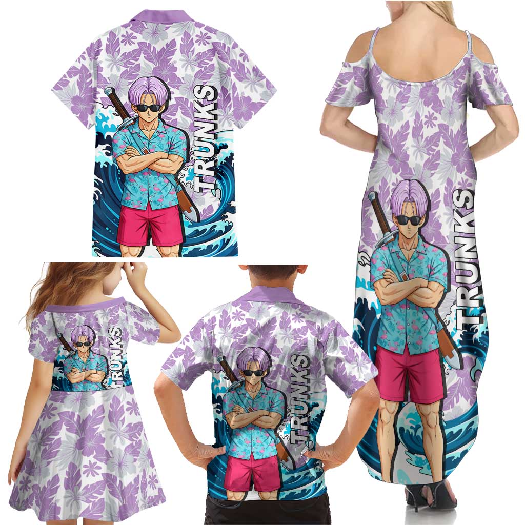 Trunks Dragon Ball Summer Theme Family Matching Summer Maxi Dress and Hawaiian Shirt with Sword Floral Shirt Sunglasses Shenron and Ocean Wave Background