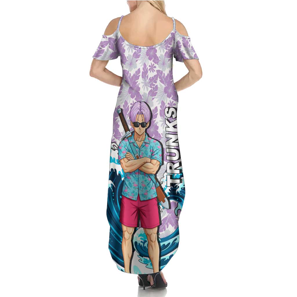 Trunks Dragon Ball Summer Theme Family Matching Summer Maxi Dress and Hawaiian Shirt with Sword Floral Shirt Sunglasses Shenron and Ocean Wave Background