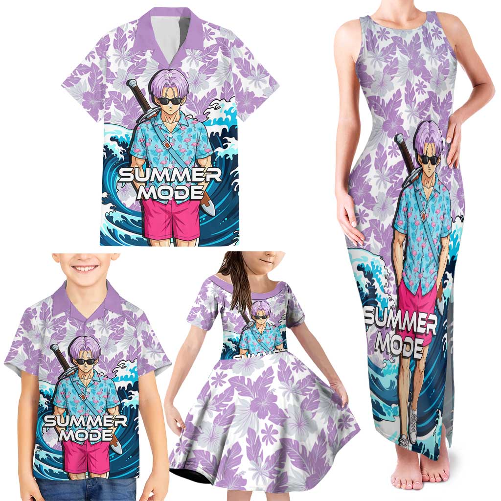 Trunks Dragon Ball Summer Theme Family Matching Tank Maxi Dress and Hawaiian Shirt with Sword Floral Shirt Sunglasses Shenron and Ocean Wave Background