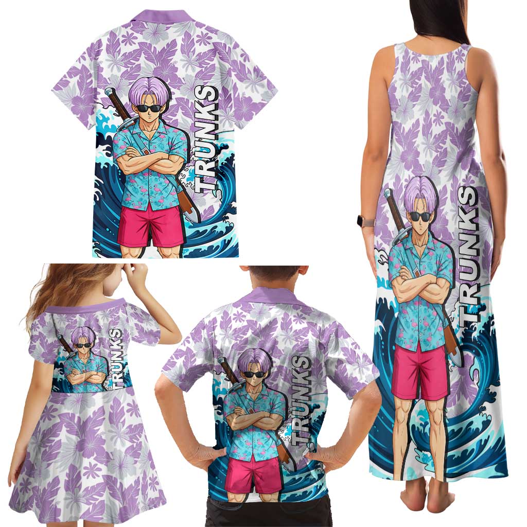 Trunks Dragon Ball Summer Theme Family Matching Tank Maxi Dress and Hawaiian Shirt with Sword Floral Shirt Sunglasses Shenron and Ocean Wave Background