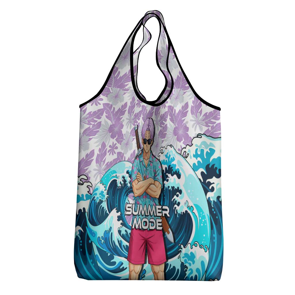Trunks Dragon Ball Summer Theme Grocery Bag with Sword Floral Shirt Sunglasses Shenron and Ocean Wave Background - The Mazicc