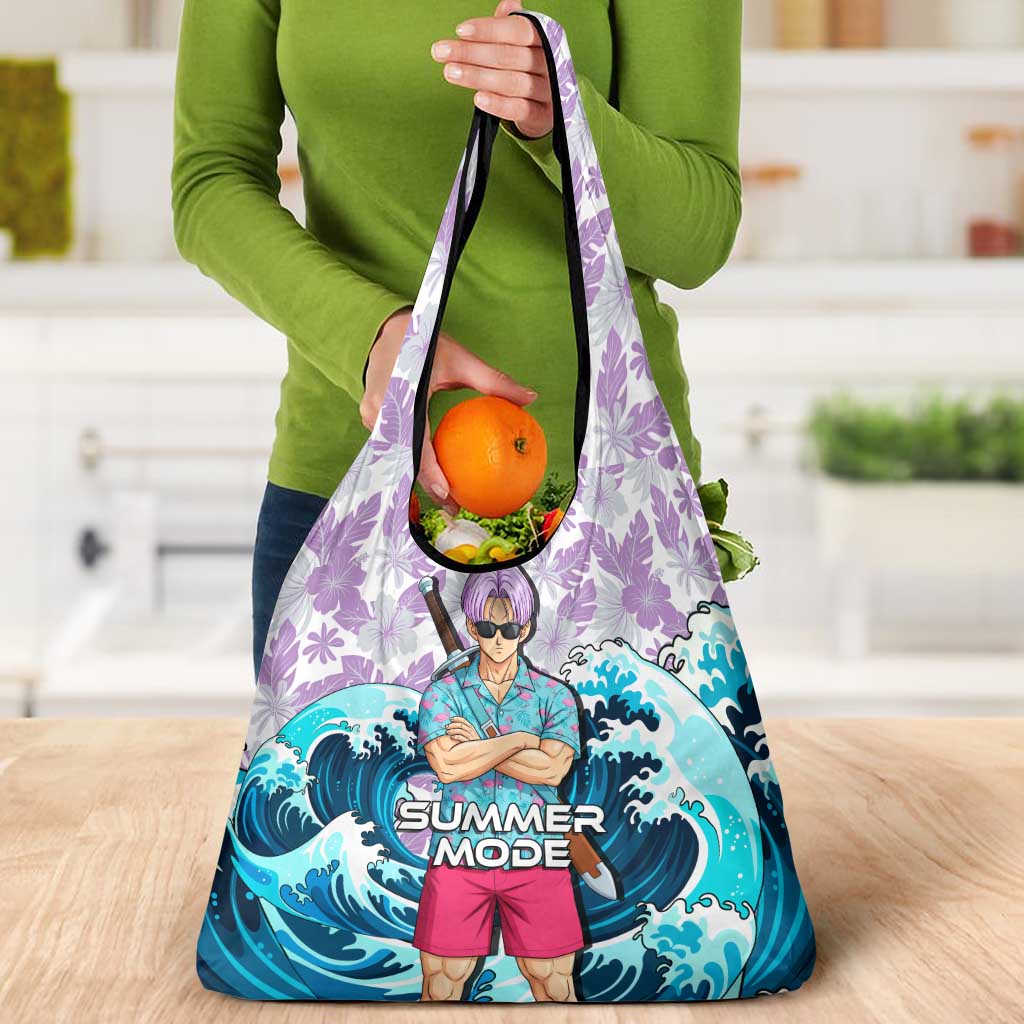 Trunks Dragon Ball Summer Theme Grocery Bag with Sword Floral Shirt Sunglasses Shenron and Ocean Wave Background - The Mazicc