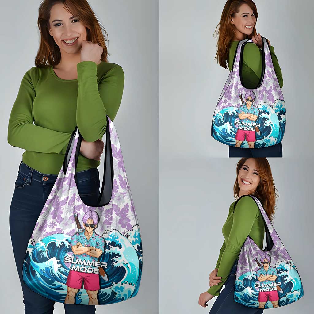 Trunks Dragon Ball Summer Theme Grocery Bag with Sword Floral Shirt Sunglasses Shenron and Ocean Wave Background - The Mazicc