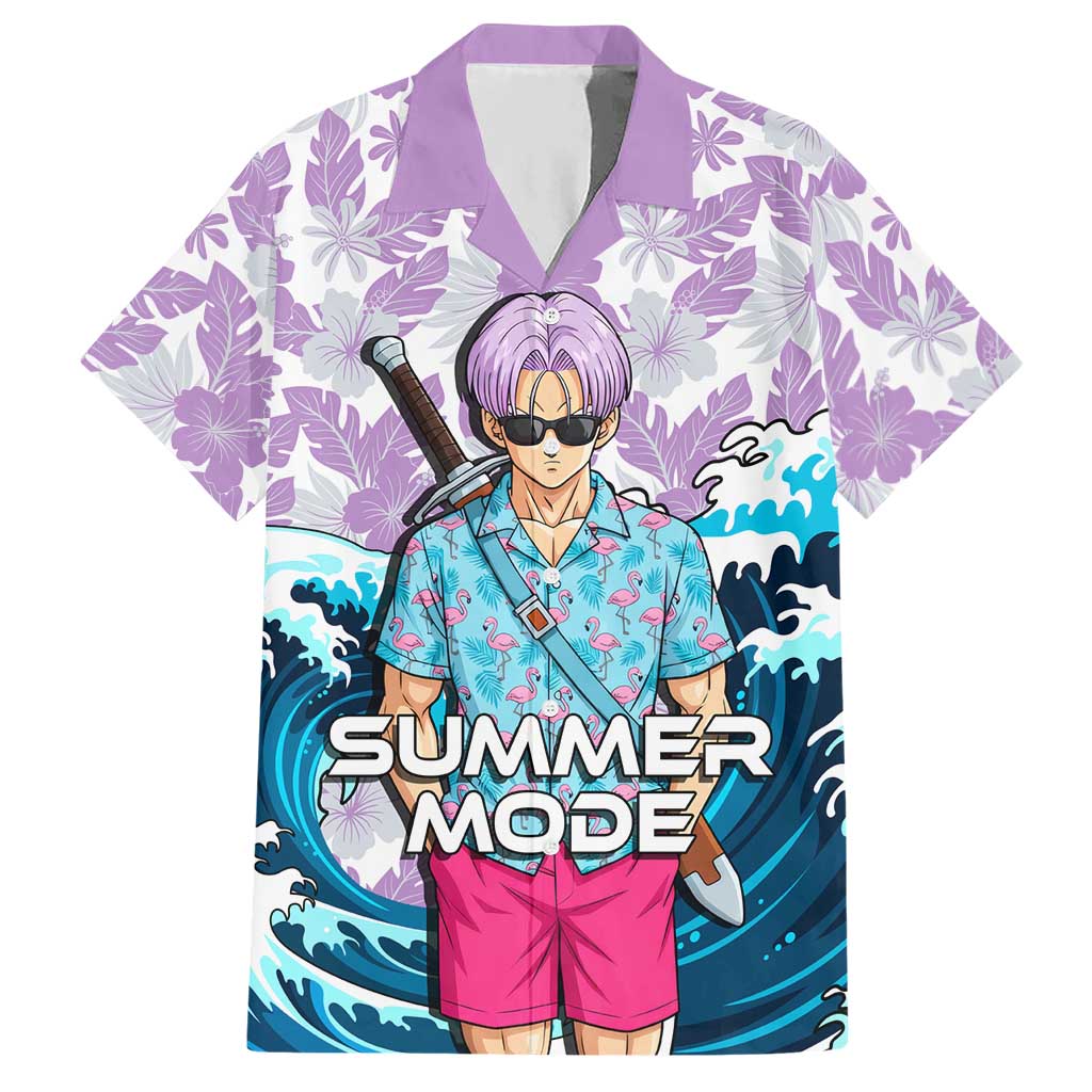 Trunks Dragon Ball Summer Theme Hawaiian Shirt with Sword Floral Shirt Sunglasses Shenron and Ocean Wave Background - The Mazicc