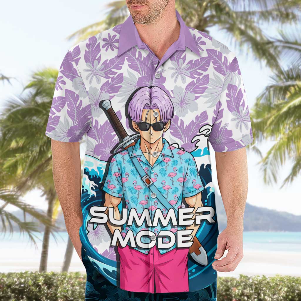 Trunks Dragon Ball Summer Theme Hawaiian Shirt with Sword Floral Shirt Sunglasses Shenron and Ocean Wave Background - The Mazicc