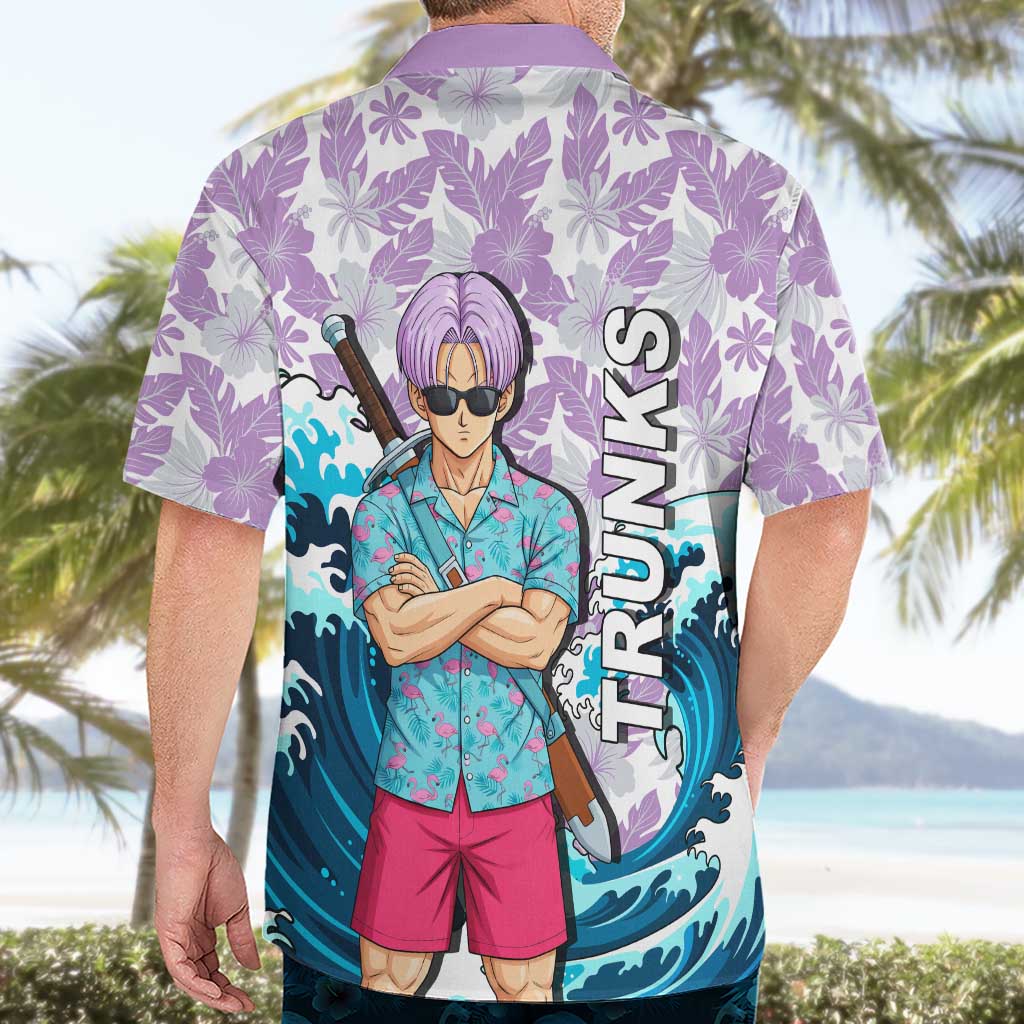 Trunks Dragon Ball Summer Theme Hawaiian Shirt with Sword Floral Shirt Sunglasses Shenron and Ocean Wave Background - The Mazicc