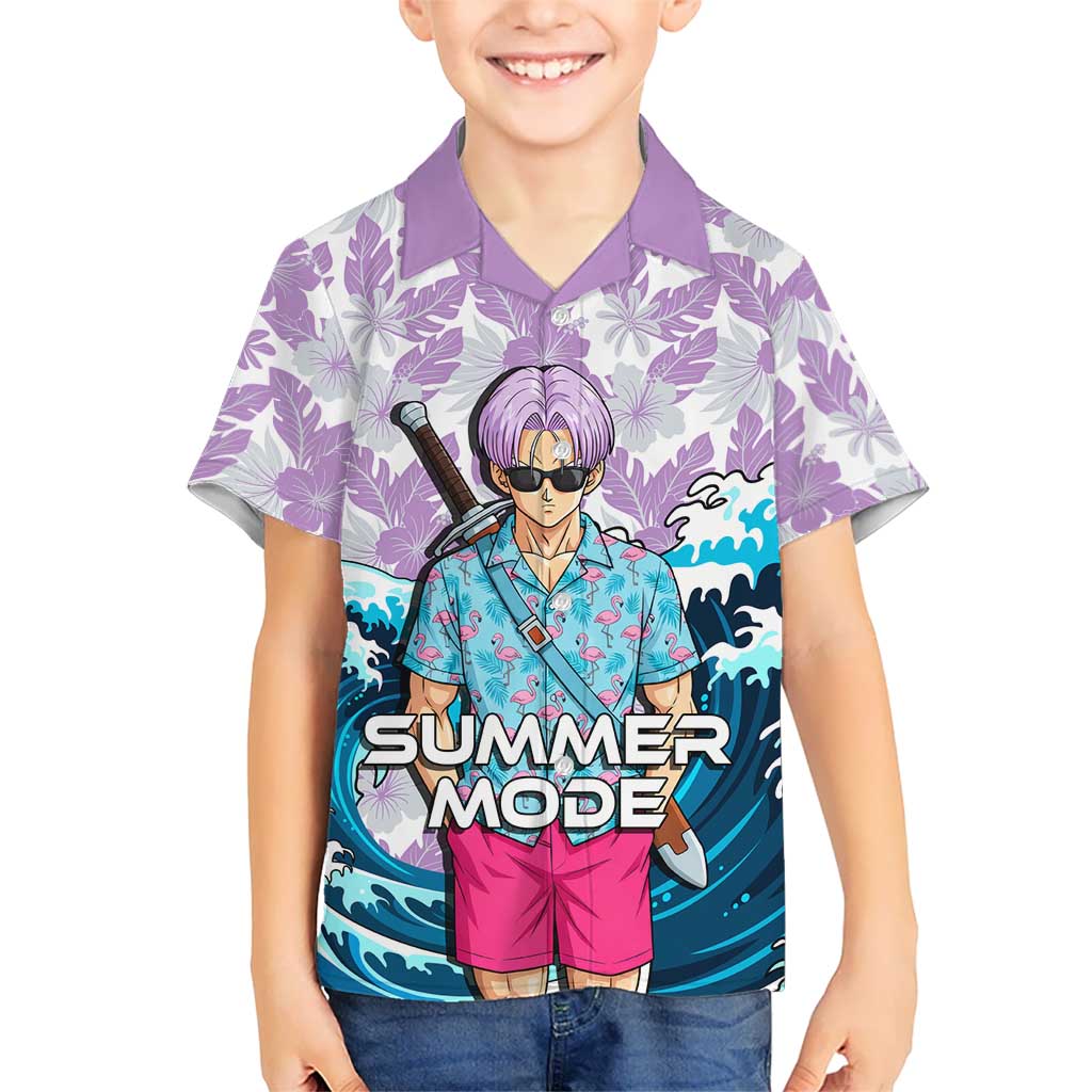 Trunks Dragon Ball Summer Theme Hawaiian Shirt with Sword Floral Shirt Sunglasses Shenron and Ocean Wave Background - The Mazicc
