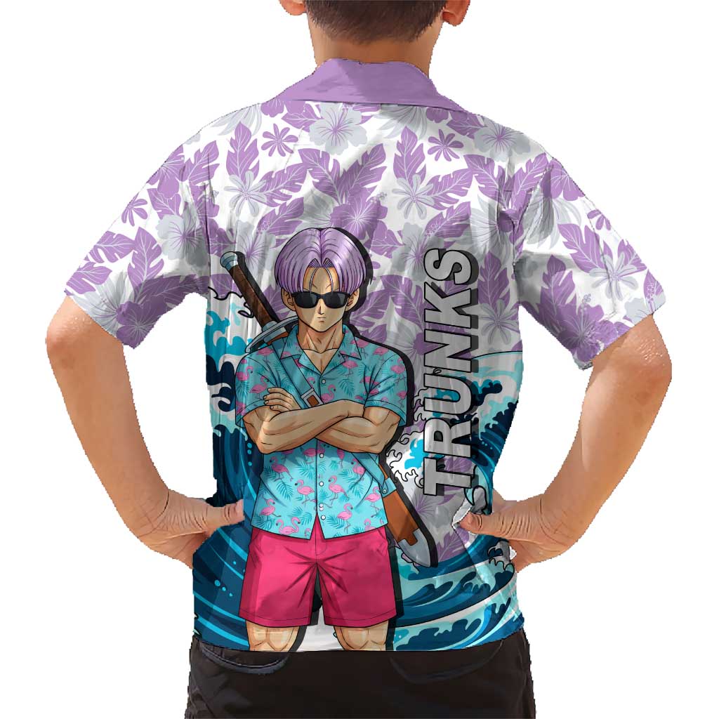 Trunks Dragon Ball Summer Theme Hawaiian Shirt with Sword Floral Shirt Sunglasses Shenron and Ocean Wave Background - The Mazicc