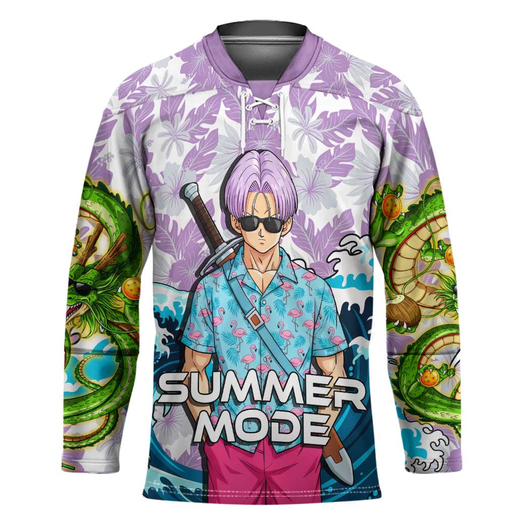 Trunks Dragon Ball Summer Theme Hockey Jersey with Sword Floral Shirt Sunglasses Shenron and Ocean Wave Background - The Mazicc