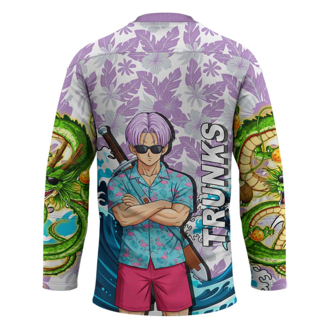 Trunks Dragon Ball Summer Theme Hockey Jersey with Sword Floral Shirt Sunglasses Shenron and Ocean Wave Background - The Mazicc